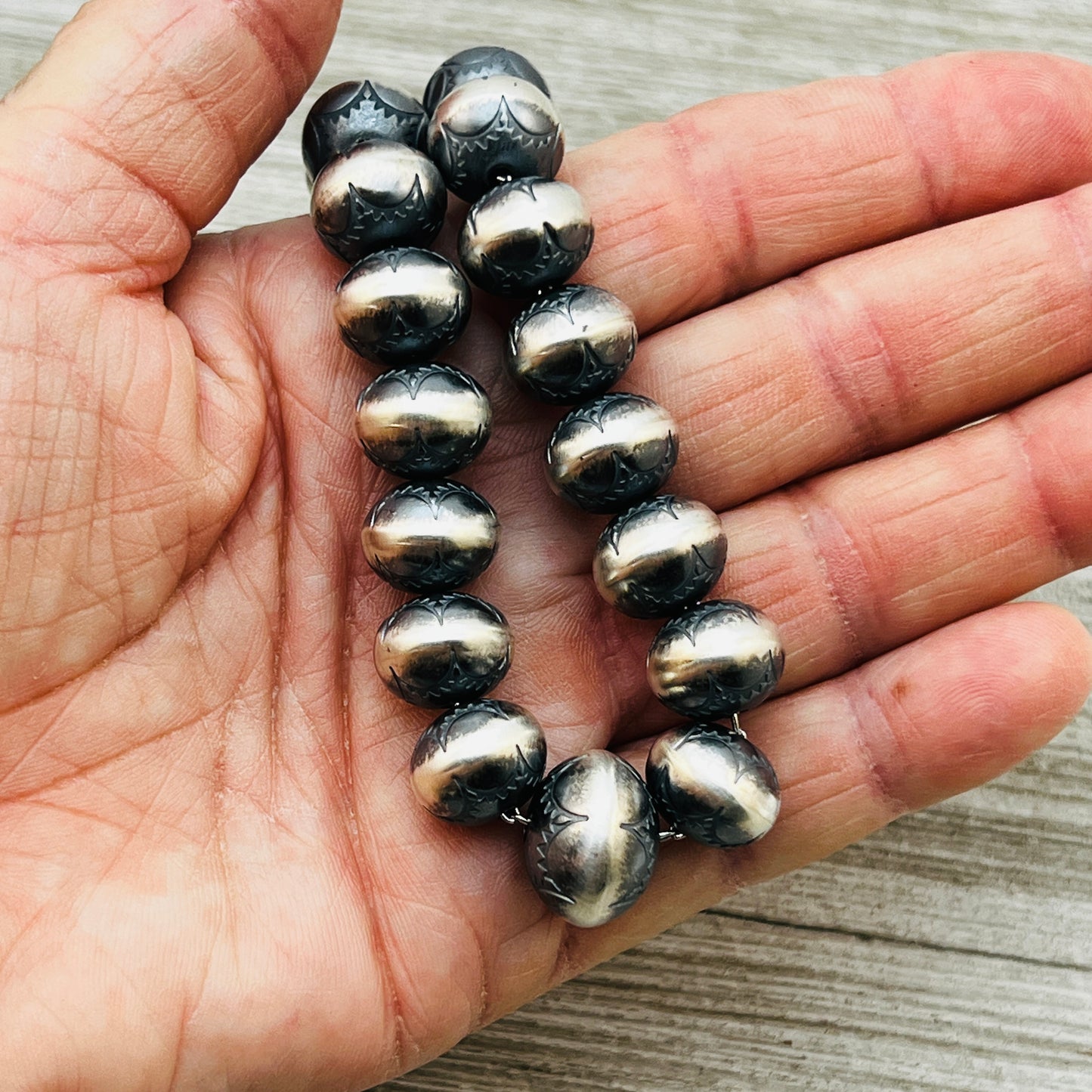 18" Sterling silver handmade Navajo Pearl Graduated stamped bead necklace Bryannen Halwood signed