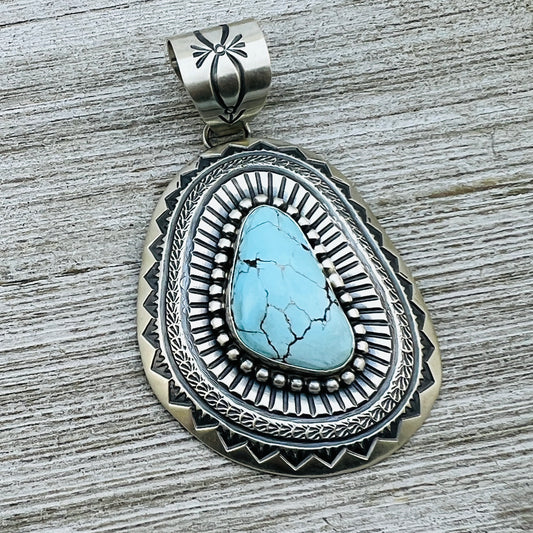 Natural Egyptian Turquoise Stamped concho pendant Arnold Blackgoat Sterling silver Navajo 851