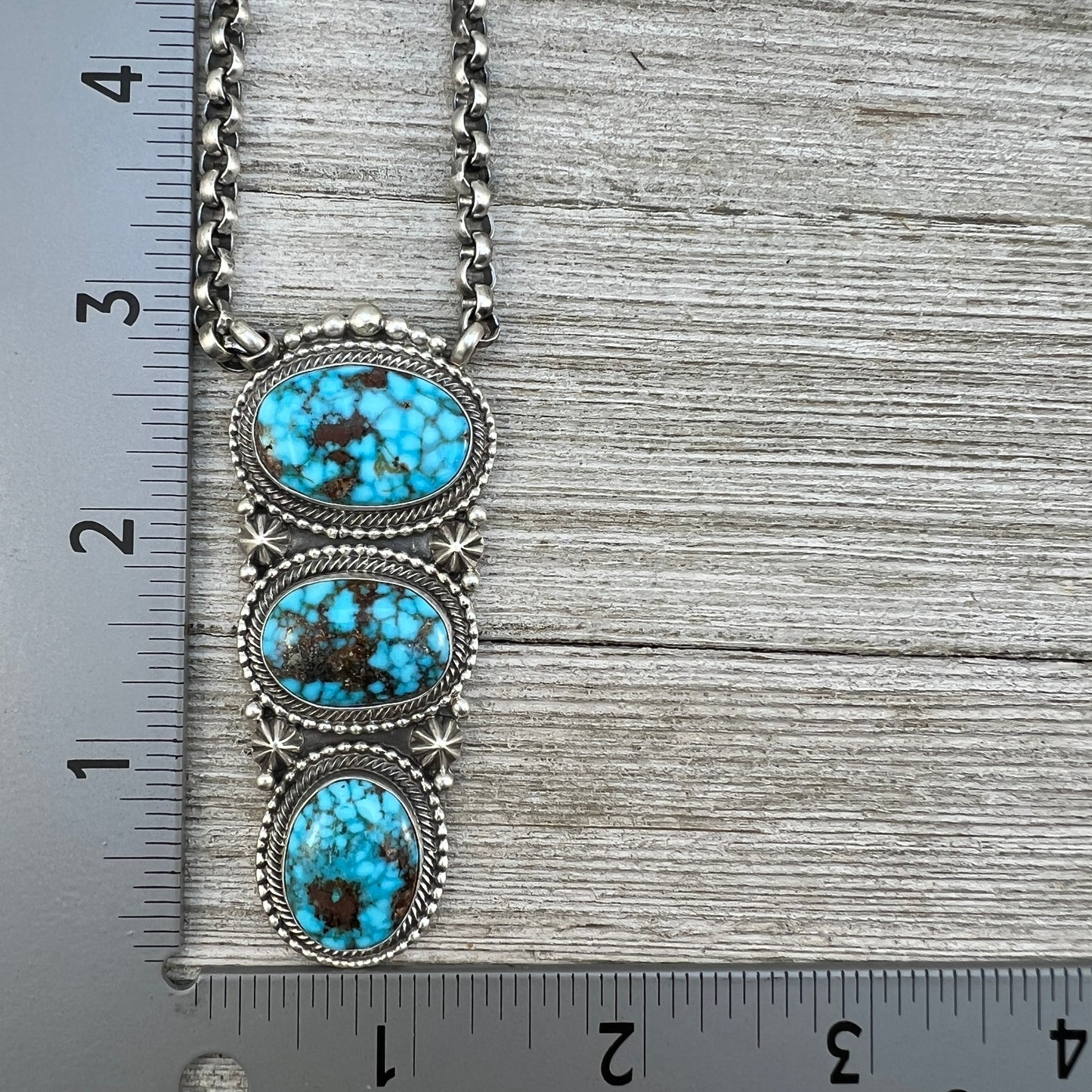 24" spiderweb Kingman turquoise Necklace 3 Sterling Silver Rolo Chain Lewis