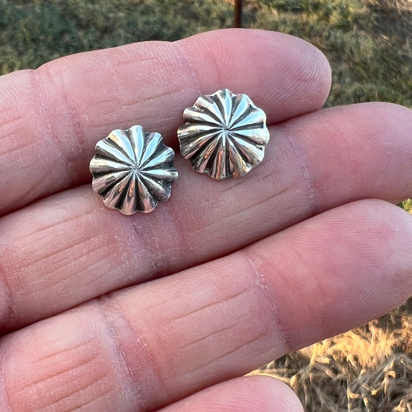 Lightweight small fluted Corrugated stamped concho earrings Sterling silver Sally Shurley