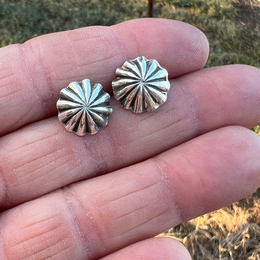 Lightweight small fluted Corrugated stamped concho earrings Sterling silver Sally Shurley