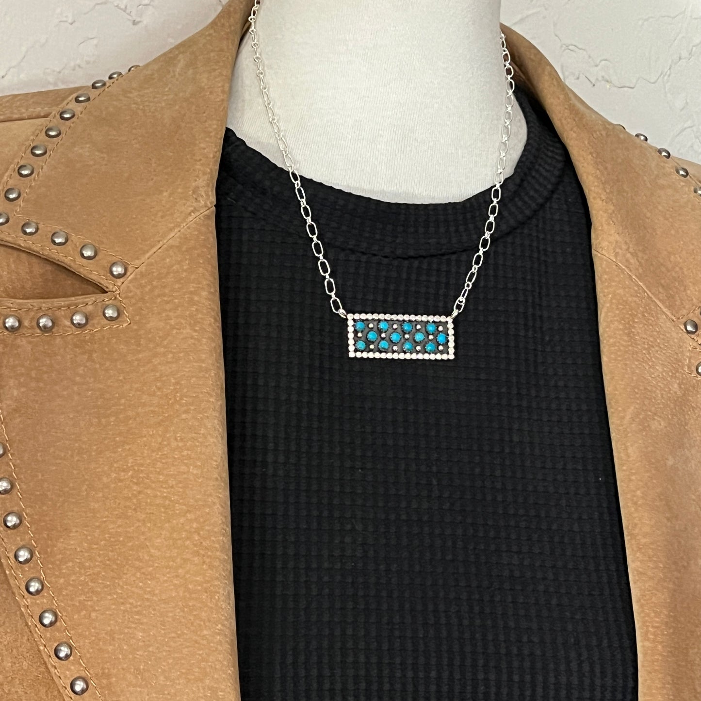 18" Zuni Snake Eye Dot Turquoise Sterling silver handmade Bar Necklace Kenny Lonjose 4