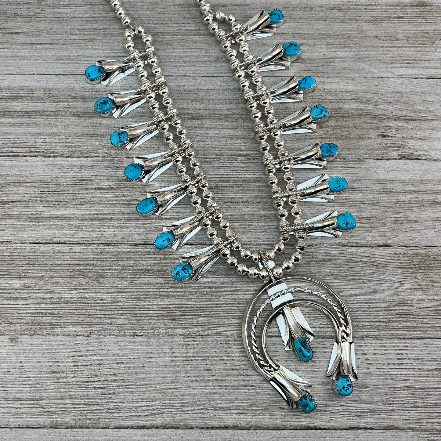 24" Sleeping Beauty Turquoise  squash blossom necklace Louise Yazzie Sterling silver set