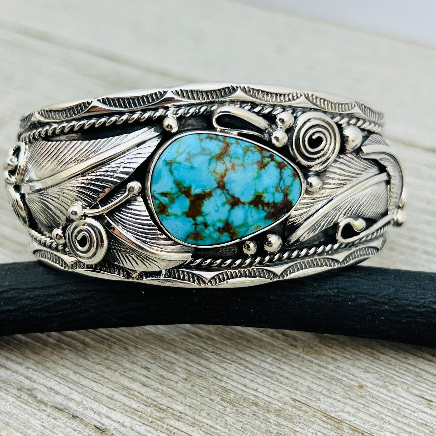 6 1/4" Kingman Turquoise floral cuff bracelet sterling silver Darrell Morgan BR4