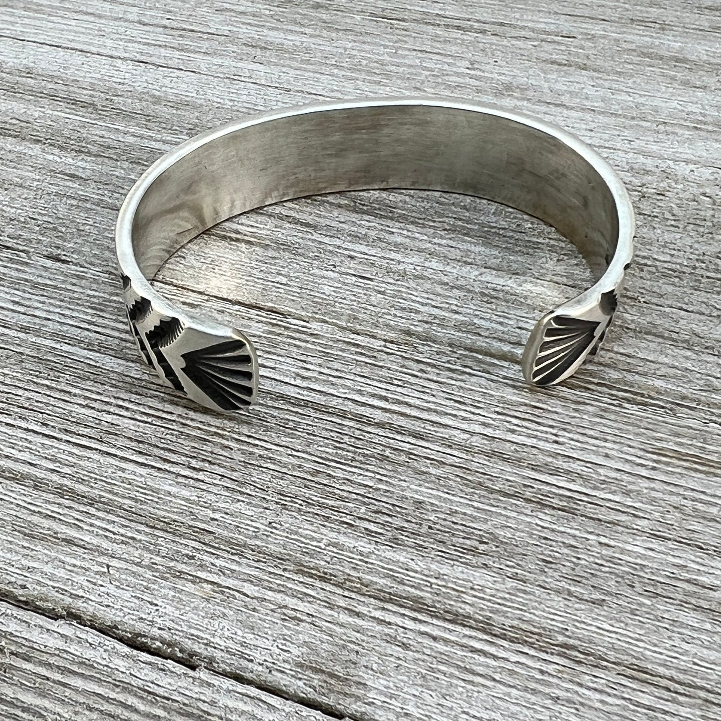 6 1/2" Heavy Stamped cuff bracelet 2, Navajo handmade Jerrold Tahe sterling silver stack