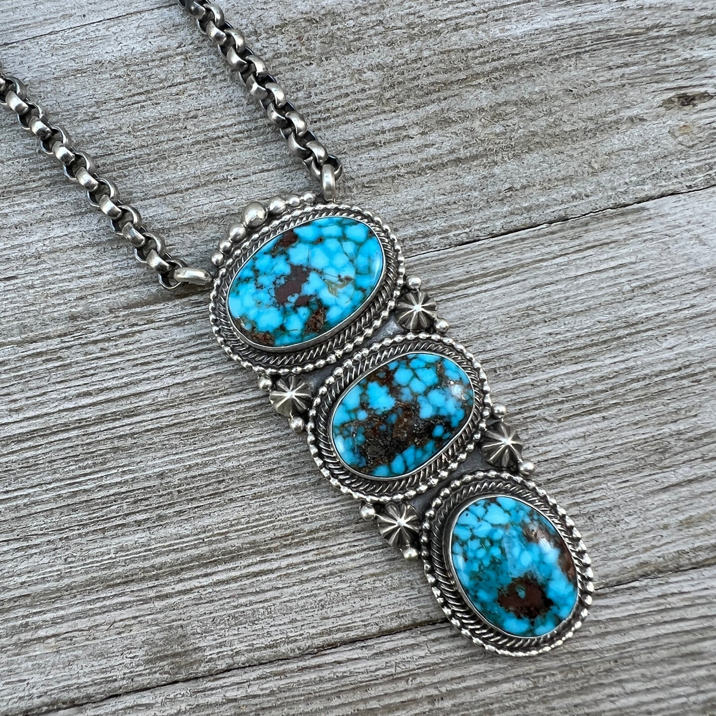 24" spiderweb Kingman turquoise Necklace 3 Sterling Silver Rolo Chain Lewis