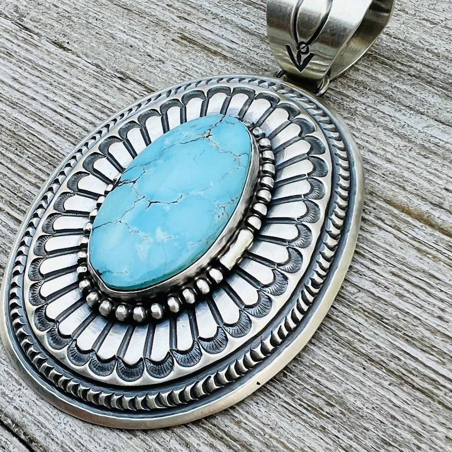 Natural Egyptian Light Blue Turquoise Stamped concho pendant Arnold Blackgoat Sterling silver
