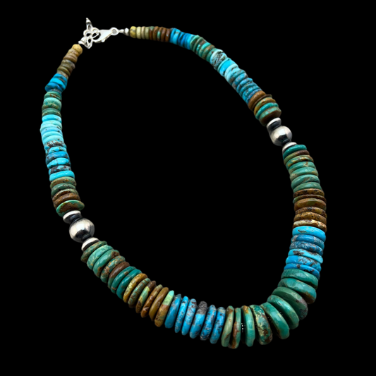 RTS 19 1/2" Turquoise Disc Necklace Choker Sterling Silver Beads, boho choker 640