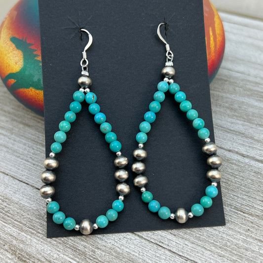 Real Turquoise hoop Earrings with Southwest Pearl sterling silver beads