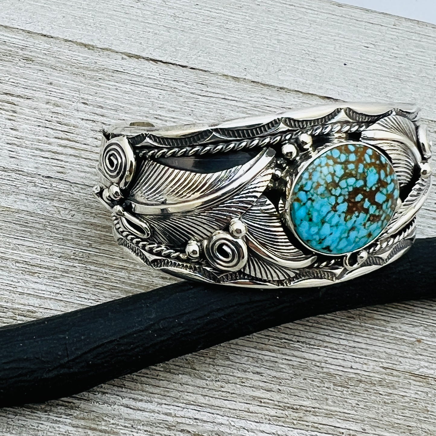 6 1/4" Kingman Spiderweb Turquoise floral cuff bracelet sterling silver Darrell Morgan BR3