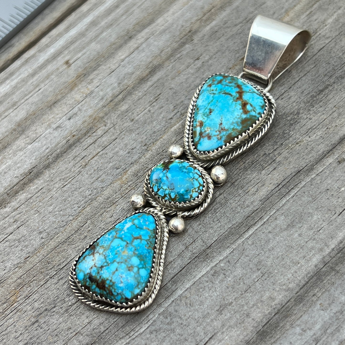 Kingman turquoise long pendant sterling silver Eunise Wilson Navajo 811