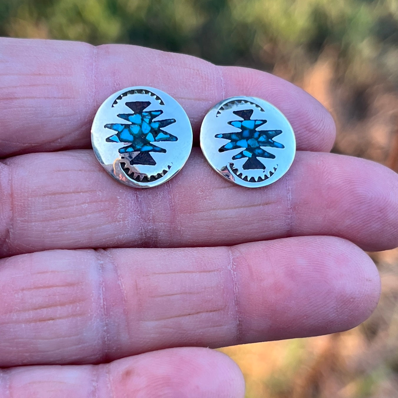 Turquoise Chip inlay Southwest small concho earrings Sterling silver Jolene Yazzie