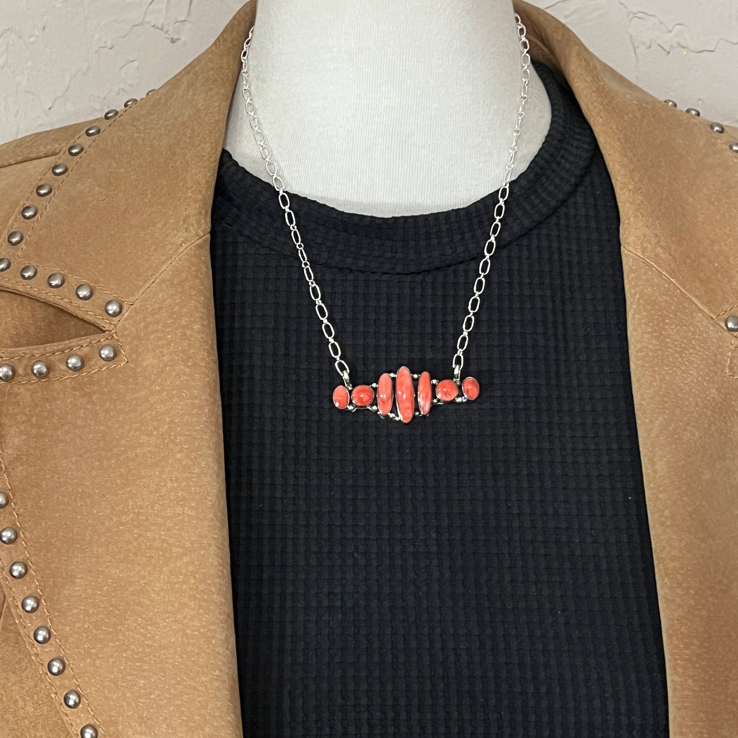 18" Spiny Oyster 7 stone Necklace Sterling Silver Navajo handmade Kimberly Yazzie 1