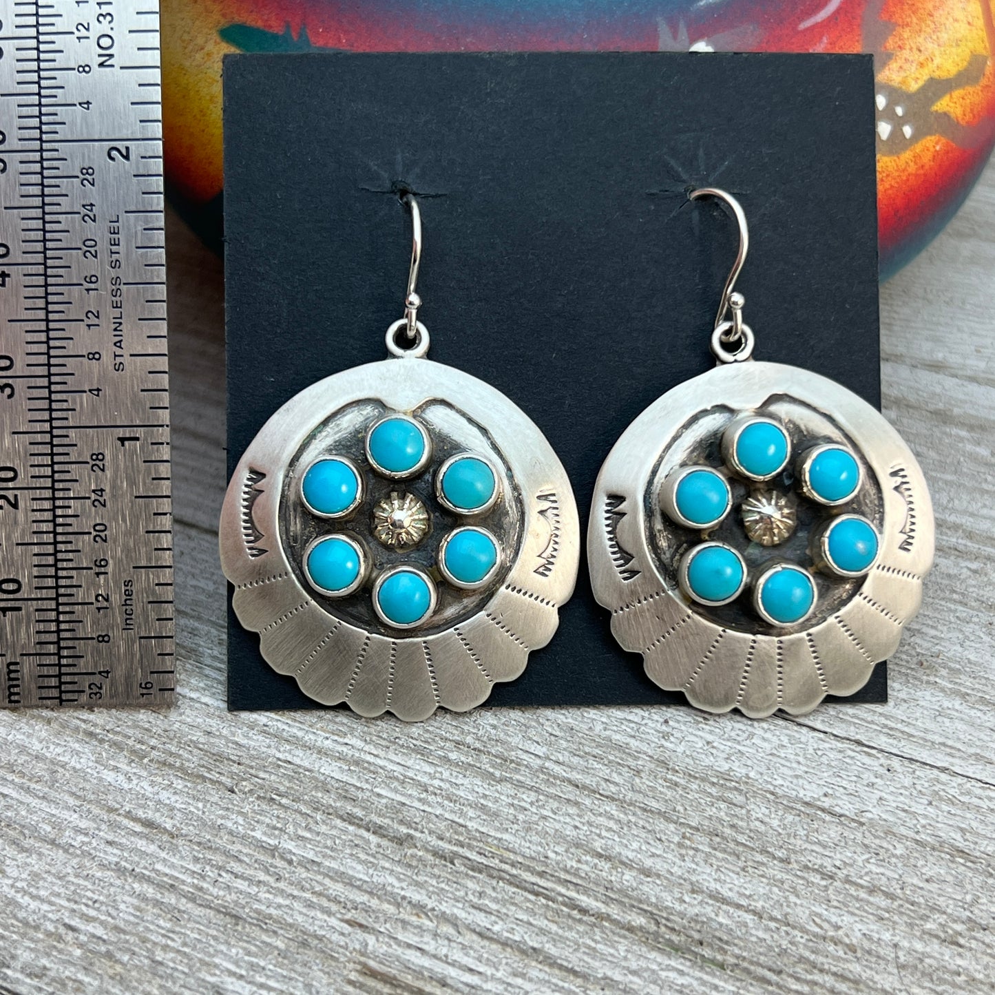 Dangle Concho cluster earrings sterling silver turquoise Kenny Lonjose signed 2