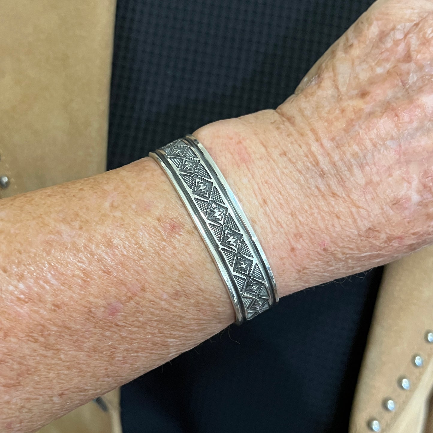 6.5" Sterling silver hand stamped Cuff Bracelet Navajo Leonard Maloney signed boho 360