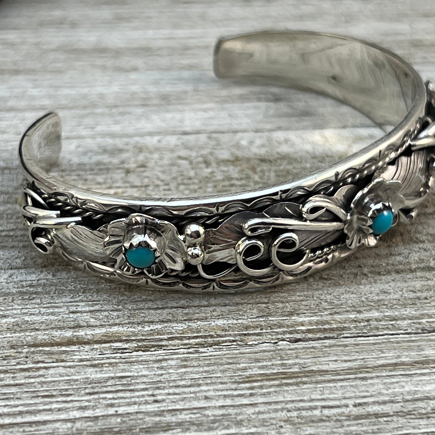 6 1/2" Floral sterling silver bracelet Navajo handmade Bessie Joe signed turquoise
