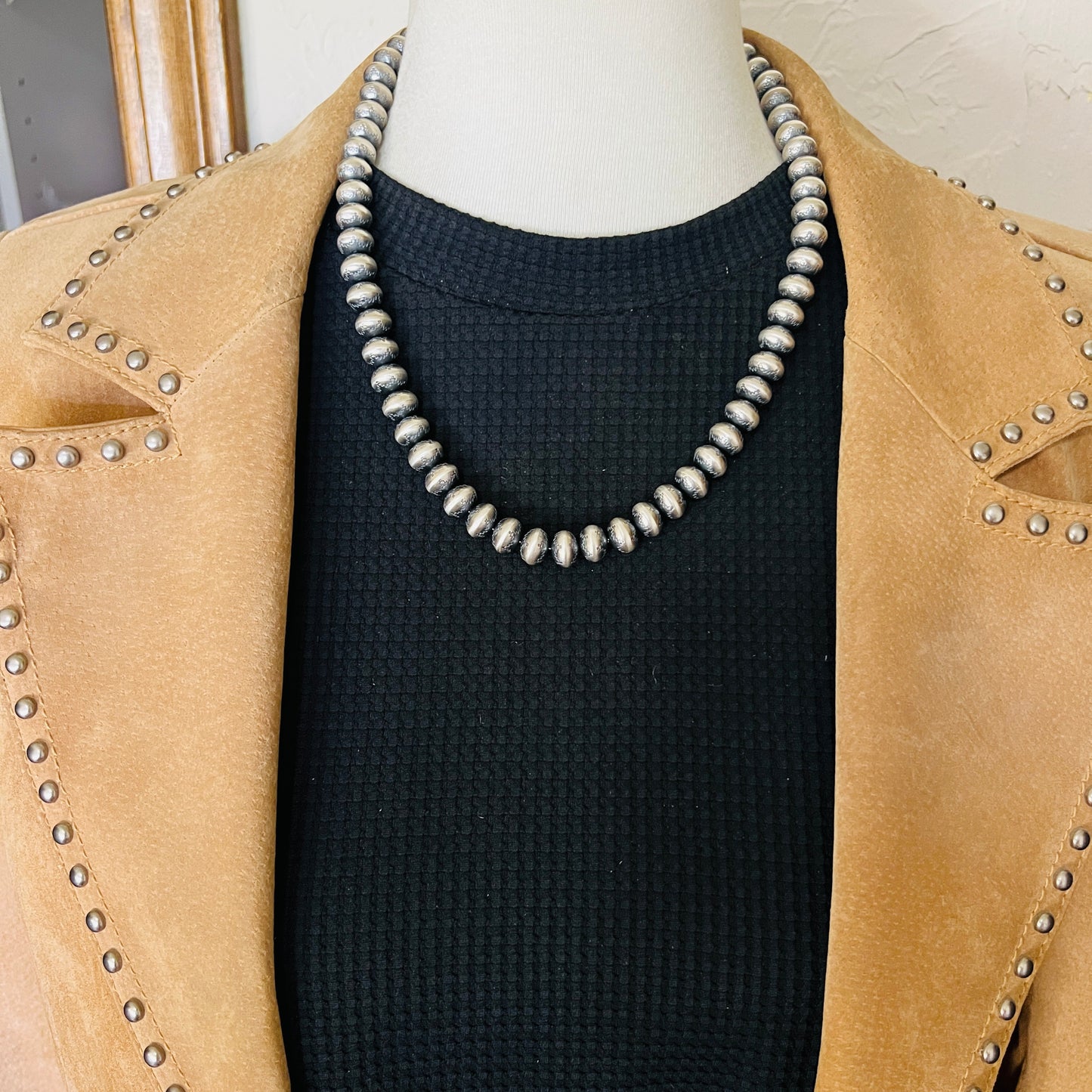 20" Sterling silver Navajo handmade 10mm stamped bead Pearl necklace Bryannen Halwood 712