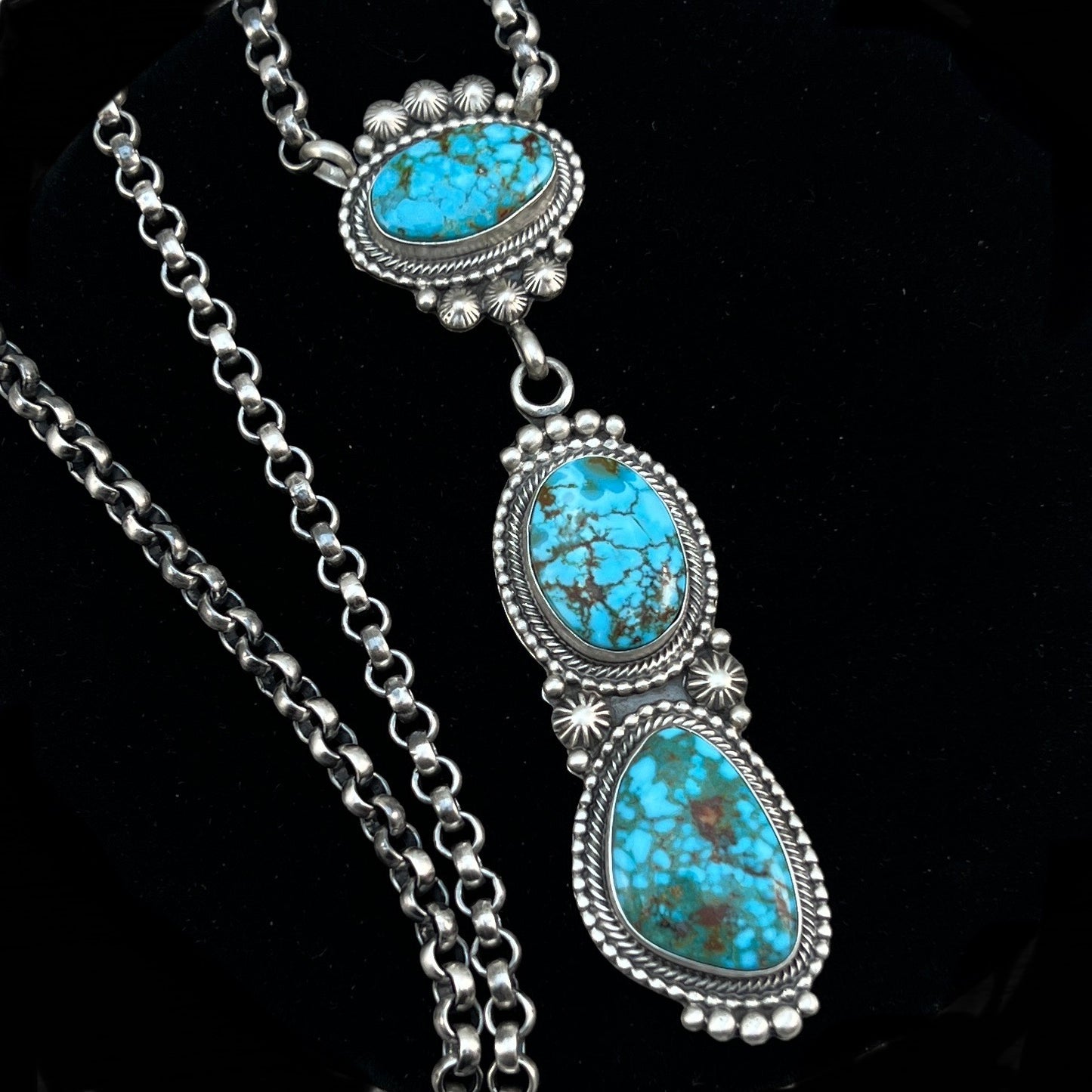 24” Kingman turquoise Necklace 5, Sterling Silver Rolo Chain Tom Lewis Navajo