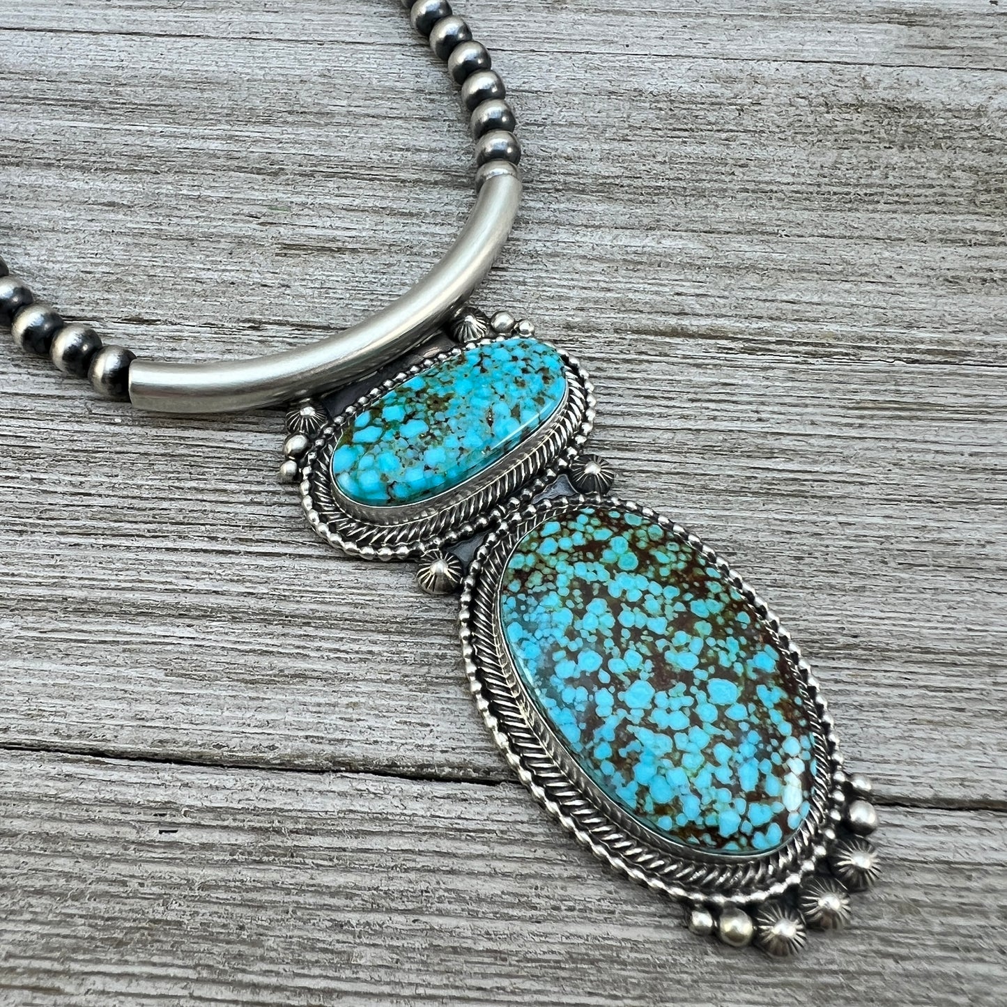 Kingman Turquoise 18" necklace Sterling silver oxidized beads pearls TOM LEWIS