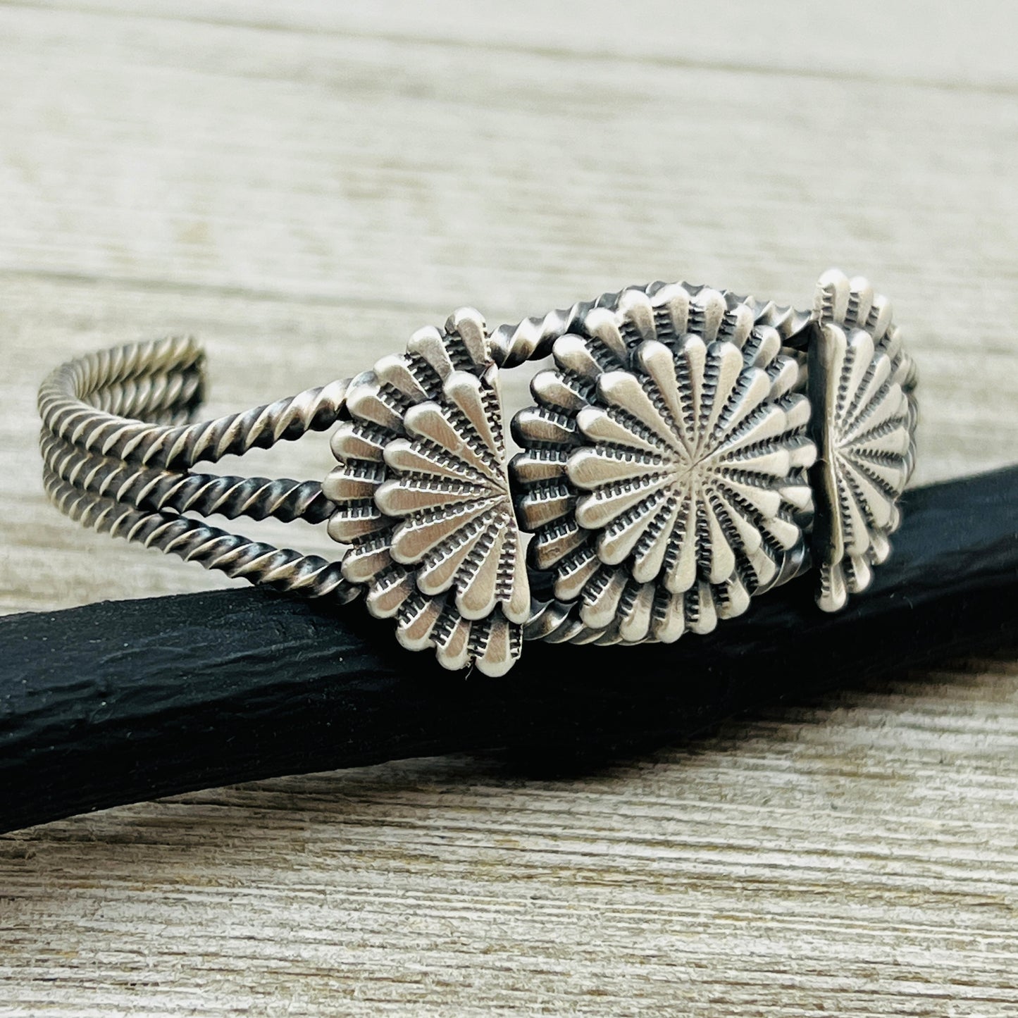 6" Sterling Silver Concho cuff bracelet with twisted wire rope trim Navajo BR40
