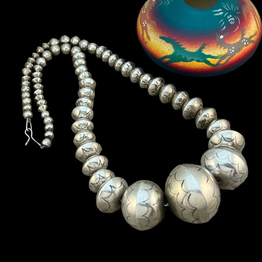 Vintage 28" large Navajo handmade bead necklace 7mm - 39mm sterling silver