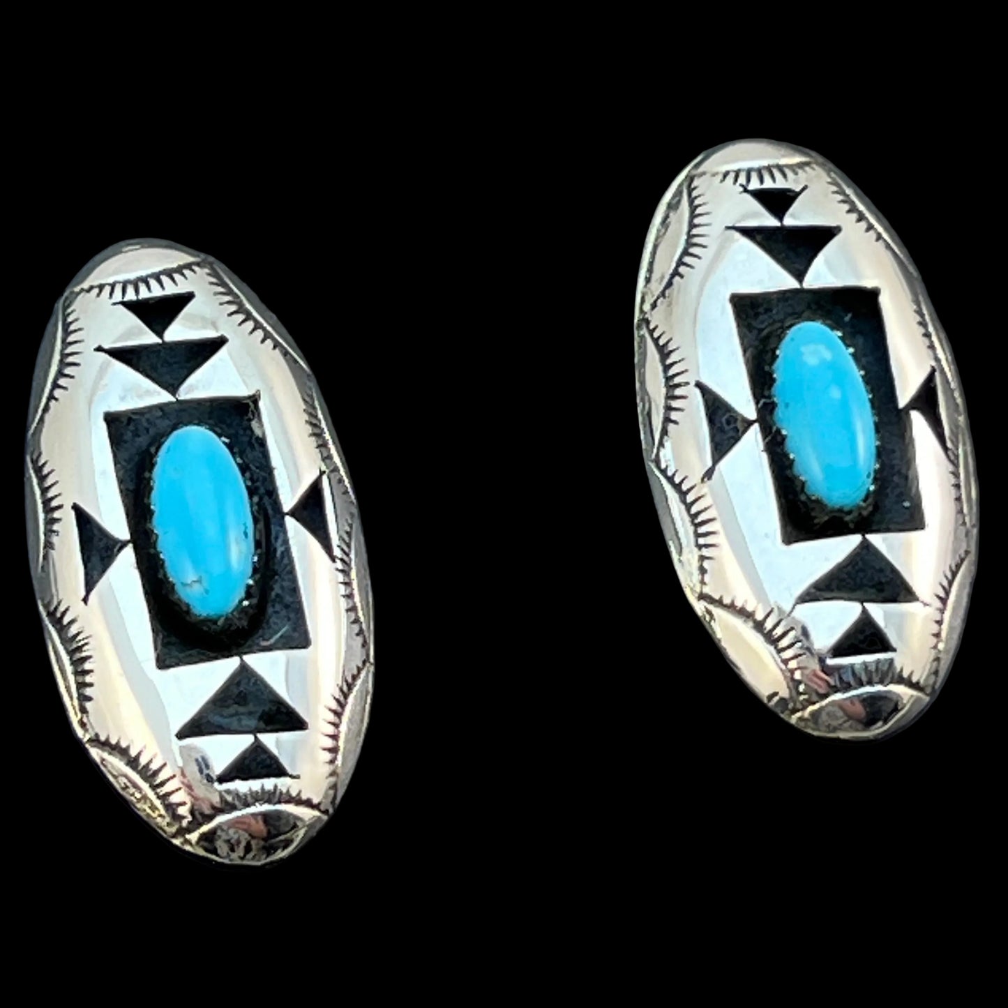 oval concho shadowbox post stud earrings, sterling silver turquoise Felix Perry 835