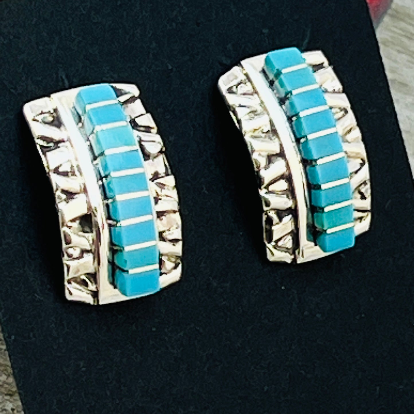 Small modern Turquoise inlay semi - hoop earrings Janelle Shebola Zuni Sterling silver ER42