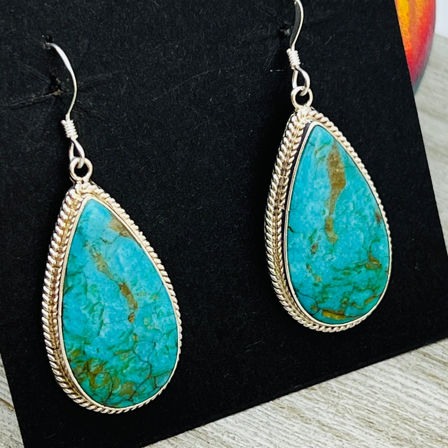 Blue turquoise teardrop earrings sterling silver Sharon McCarthy Navajo ER55