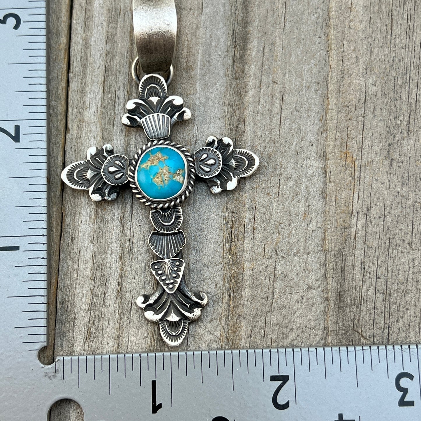 Kingman turquoise ornate cross pendant sterling silver Kevin Billah Navajo 808