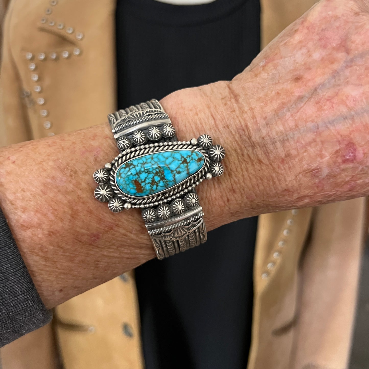Spiderweb Kingman Turquoise Cuff Bracelet, Sterling Silver 7" Michael Calladitto