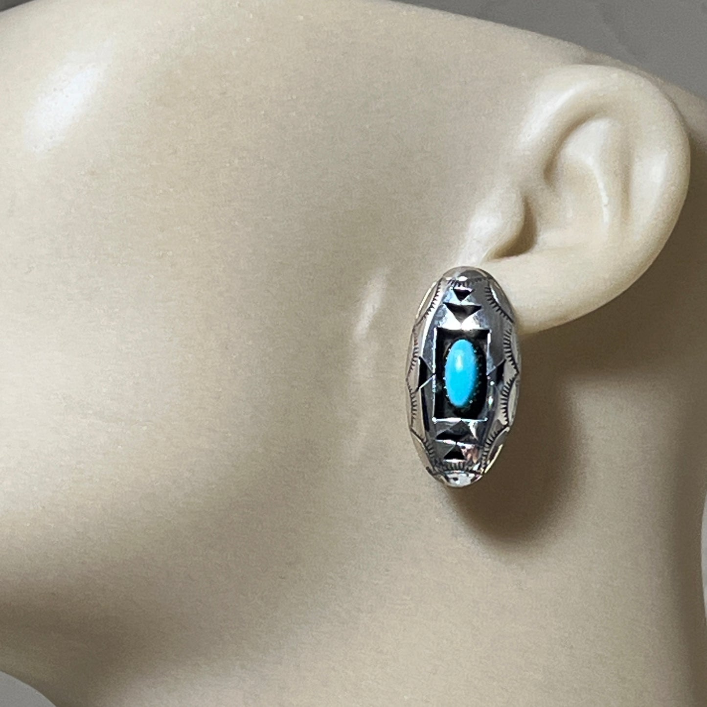 oval concho shadowbox post stud earrings, sterling silver turquoise Felix Perry 835
