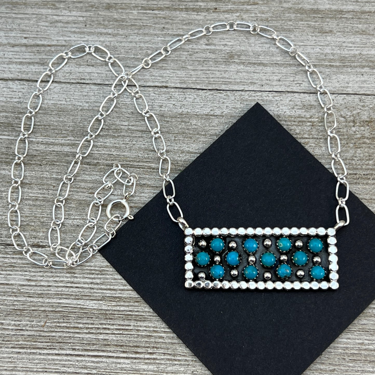 18" Zuni Snake Eye Dot Turquoise Sterling silver handmade Bar Necklace Kenny Lonjose 2