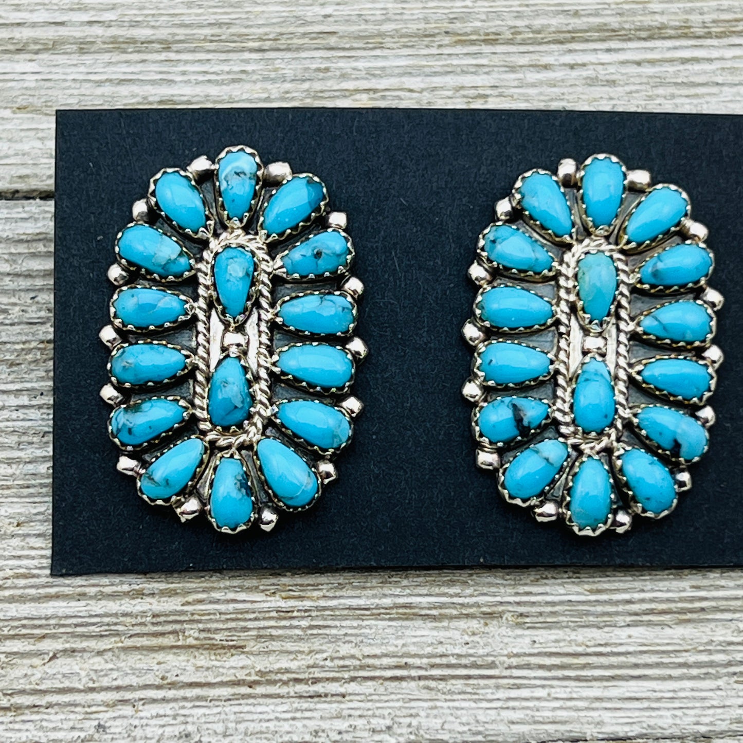 Turquoise Petit Point Oval Cluster Earrings Gerald Mitchell signed Sterling silver ER2