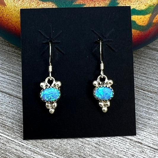 Dainty blue Opal Dangle earrings, small handmade Sterling Silver