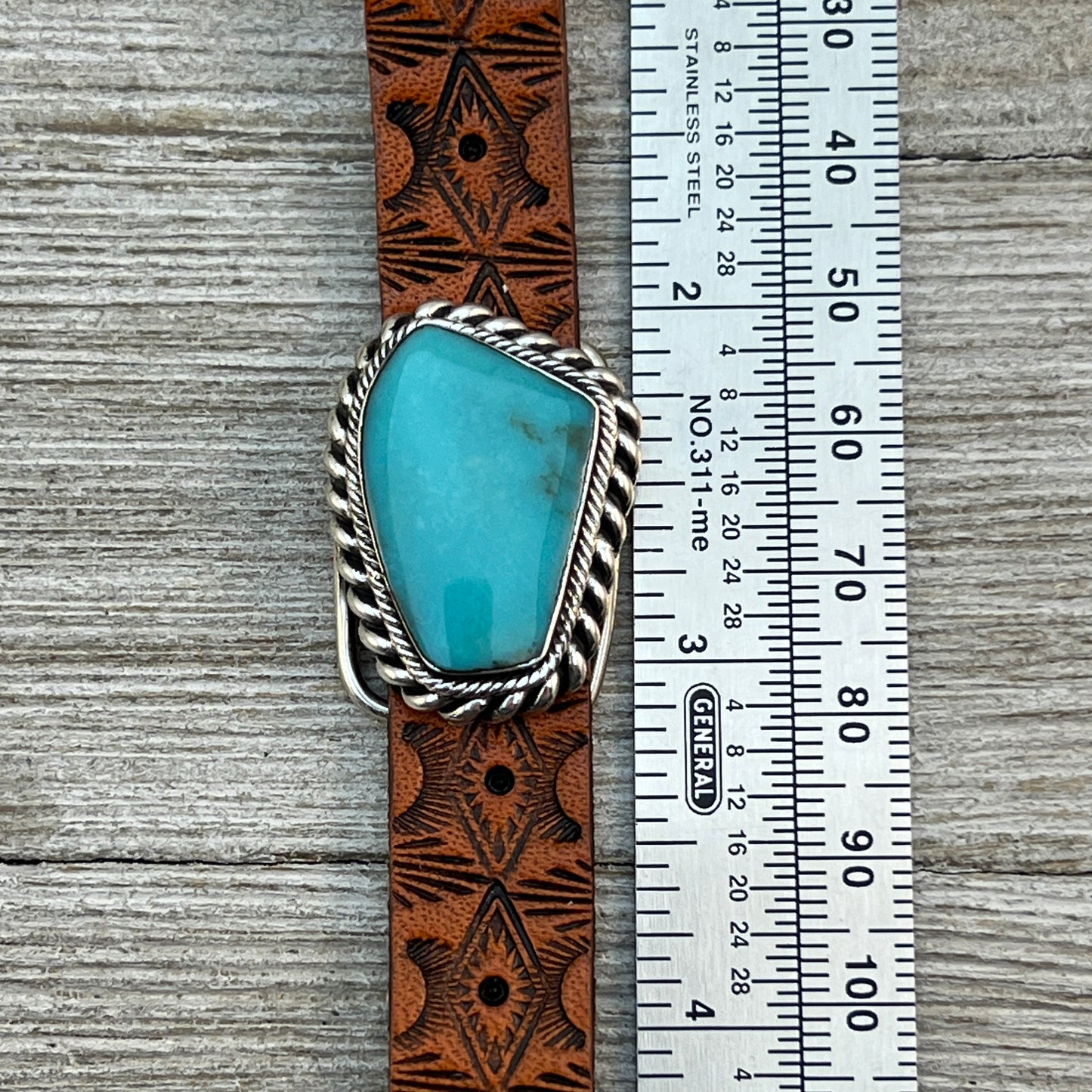 Real Turquoise leather Sterling silver bracelet adjustable Navajo Mike Smith Size 7, 7.5