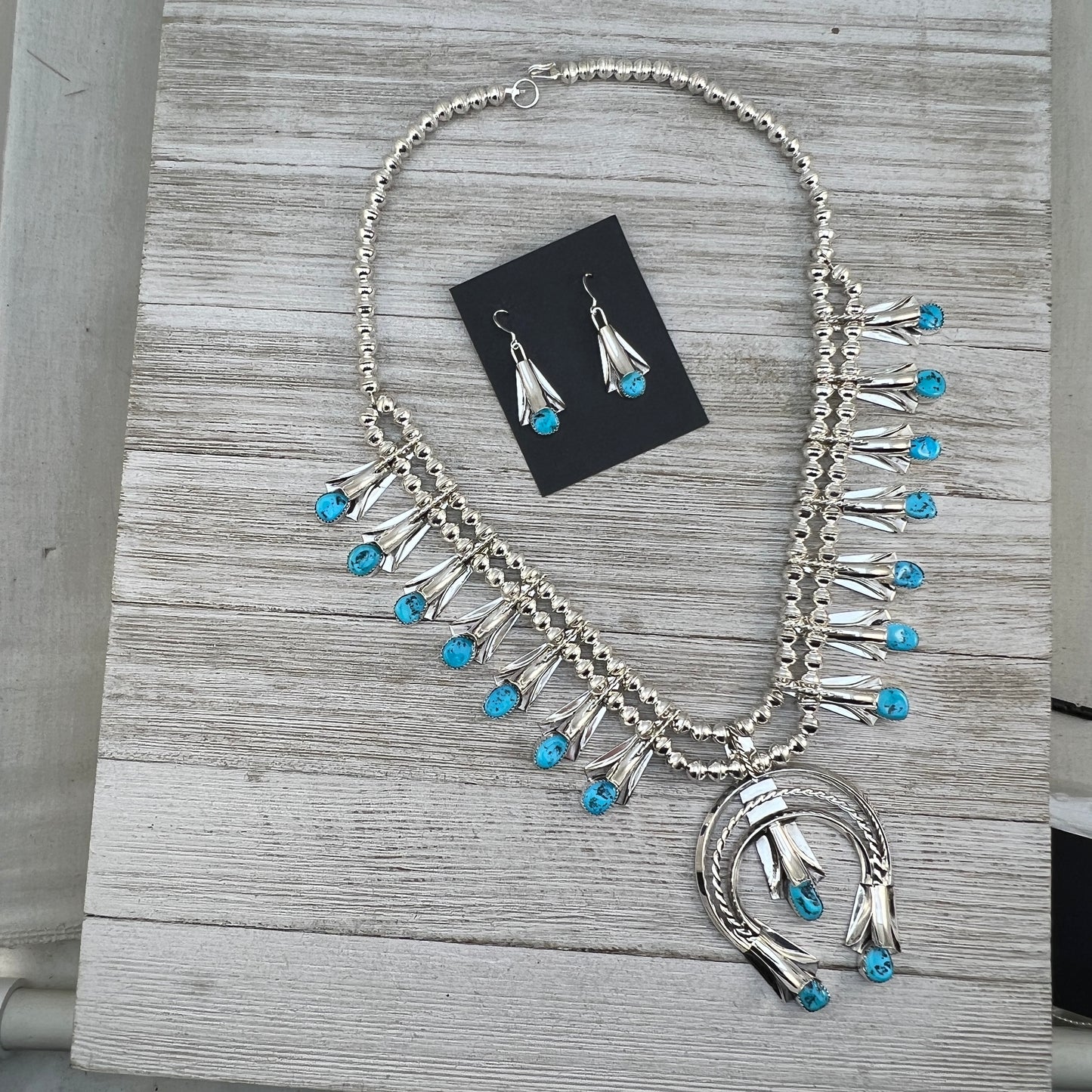 24" Sleeping Beauty Turquoise  squash blossom necklace Louise Yazzie Sterling silver set