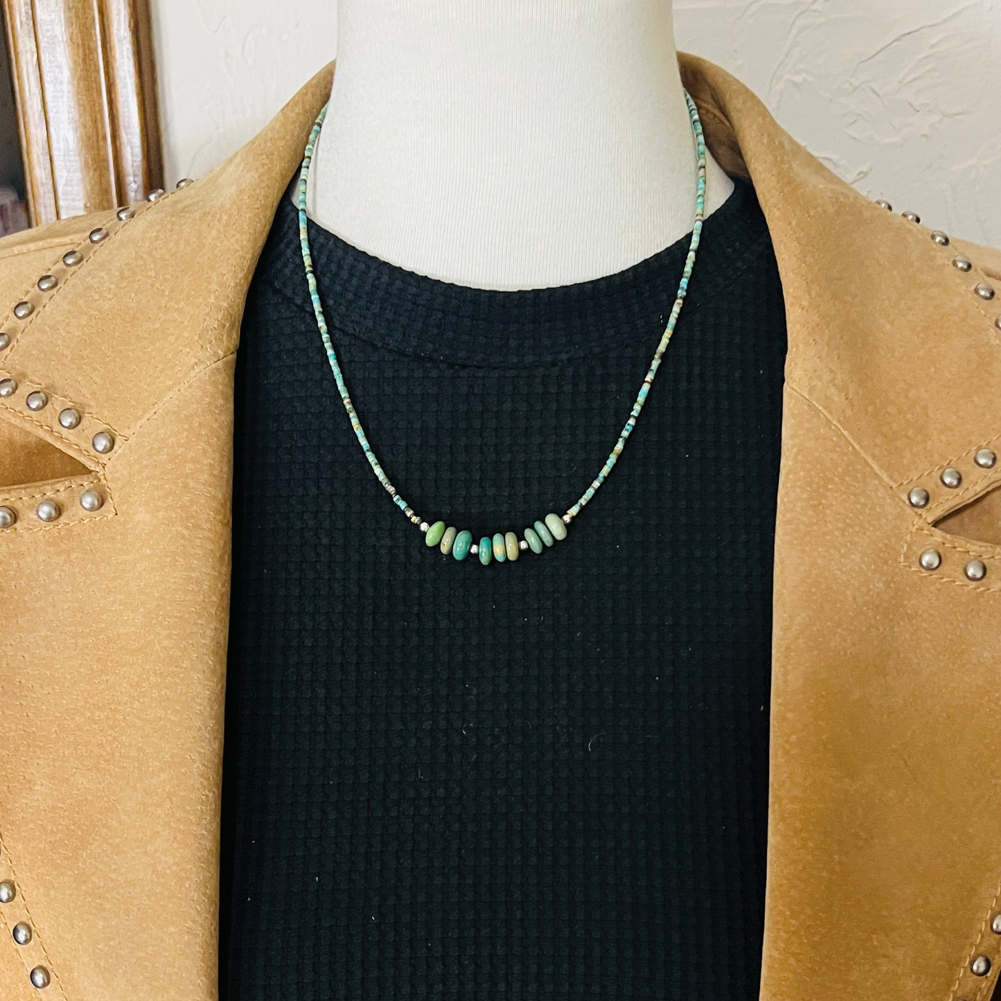 18 1/2" Green Kingman turquoise heishi necklace with rondelle beads Doreen Jake Navajo