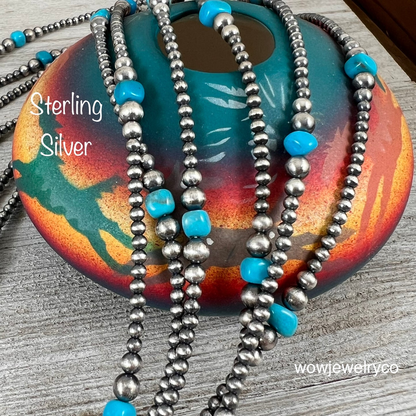 Real 925 Sterling Silver Pearls Graduated Turquoise Bead Necklace Oxidized Pearl Western Jewelry