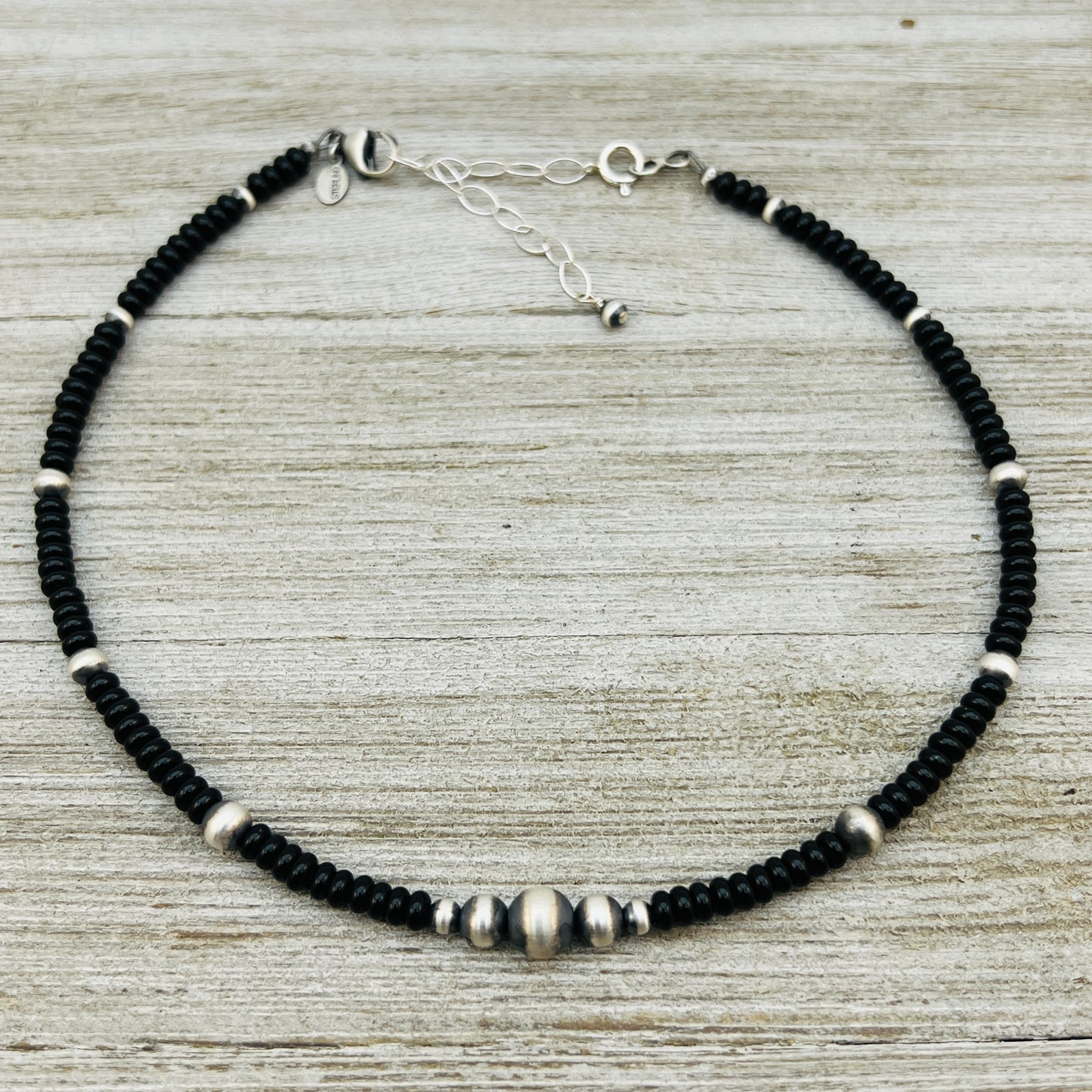 13" 14" 15" 16" 17" adjustable choker, Real Sterling Silver, oxidized, Black Onyx Bead Necklace, Western Boho Pearl