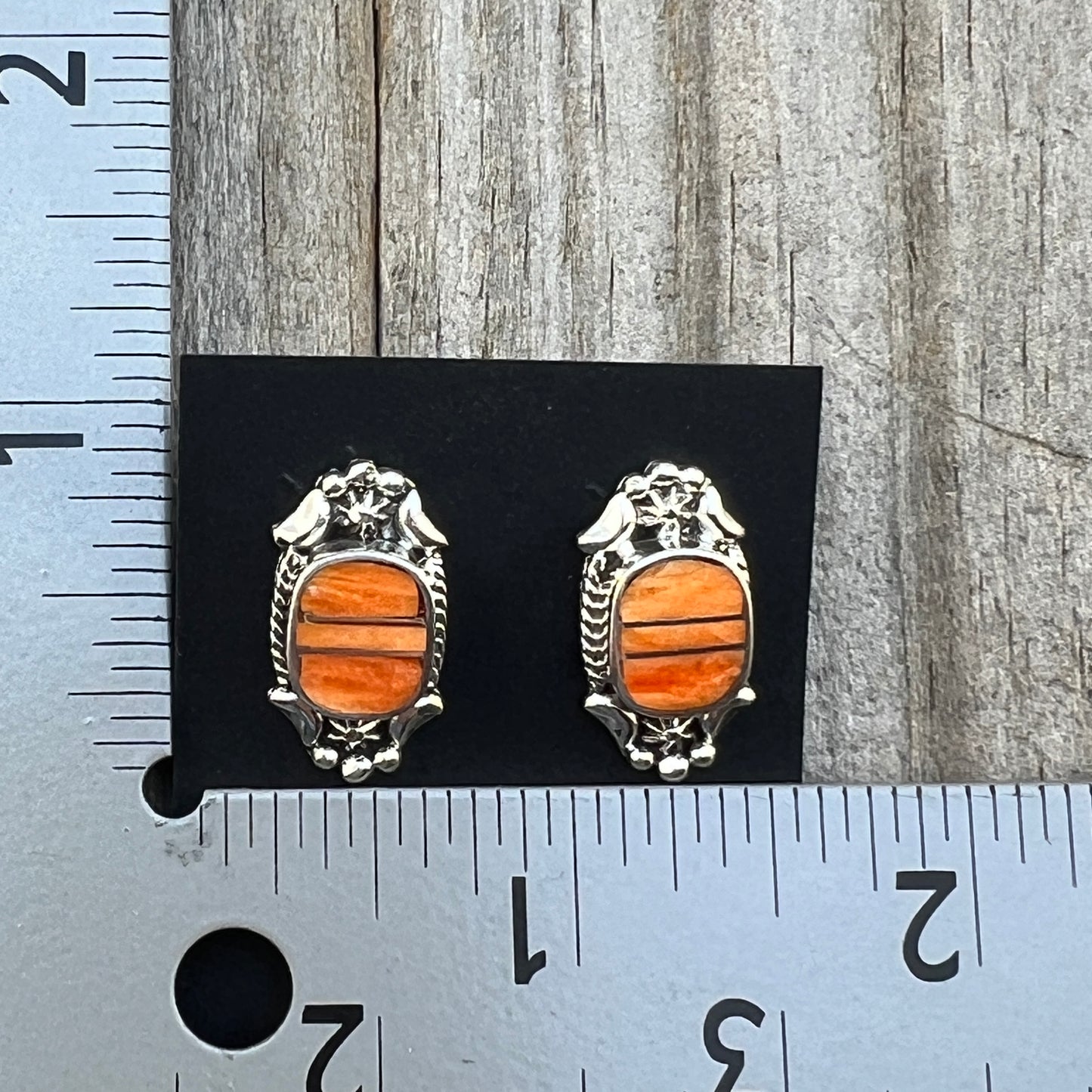 Modern Orange Spiney Shell Inlay Stud Earrings Sterling Silver James Manygoats Navajo 666