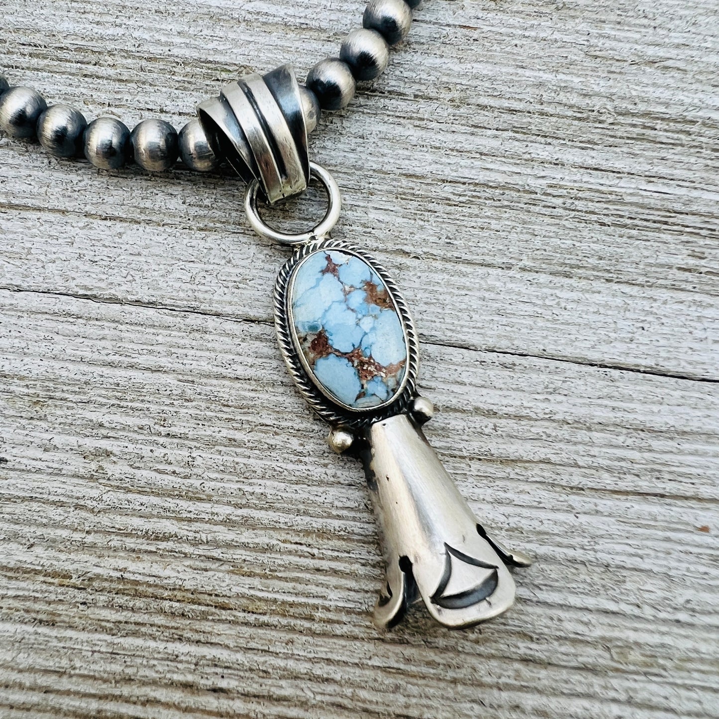 16" Golden Hills Turquoise Squash Blossom Necklace Sharon McCarthy Sterling silver NK4