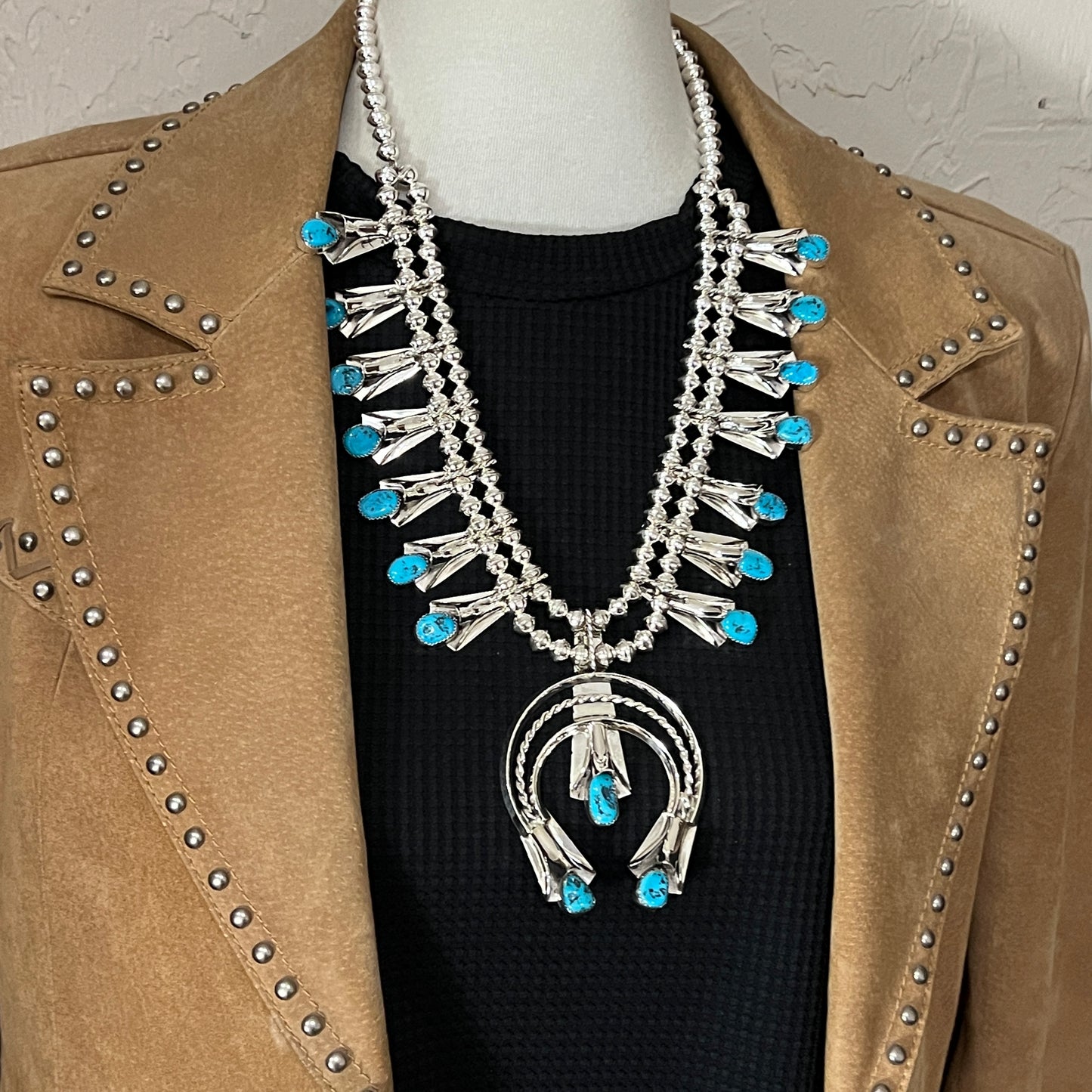 24" Sleeping Beauty Turquoise  squash blossom necklace Louise Yazzie Sterling silver set