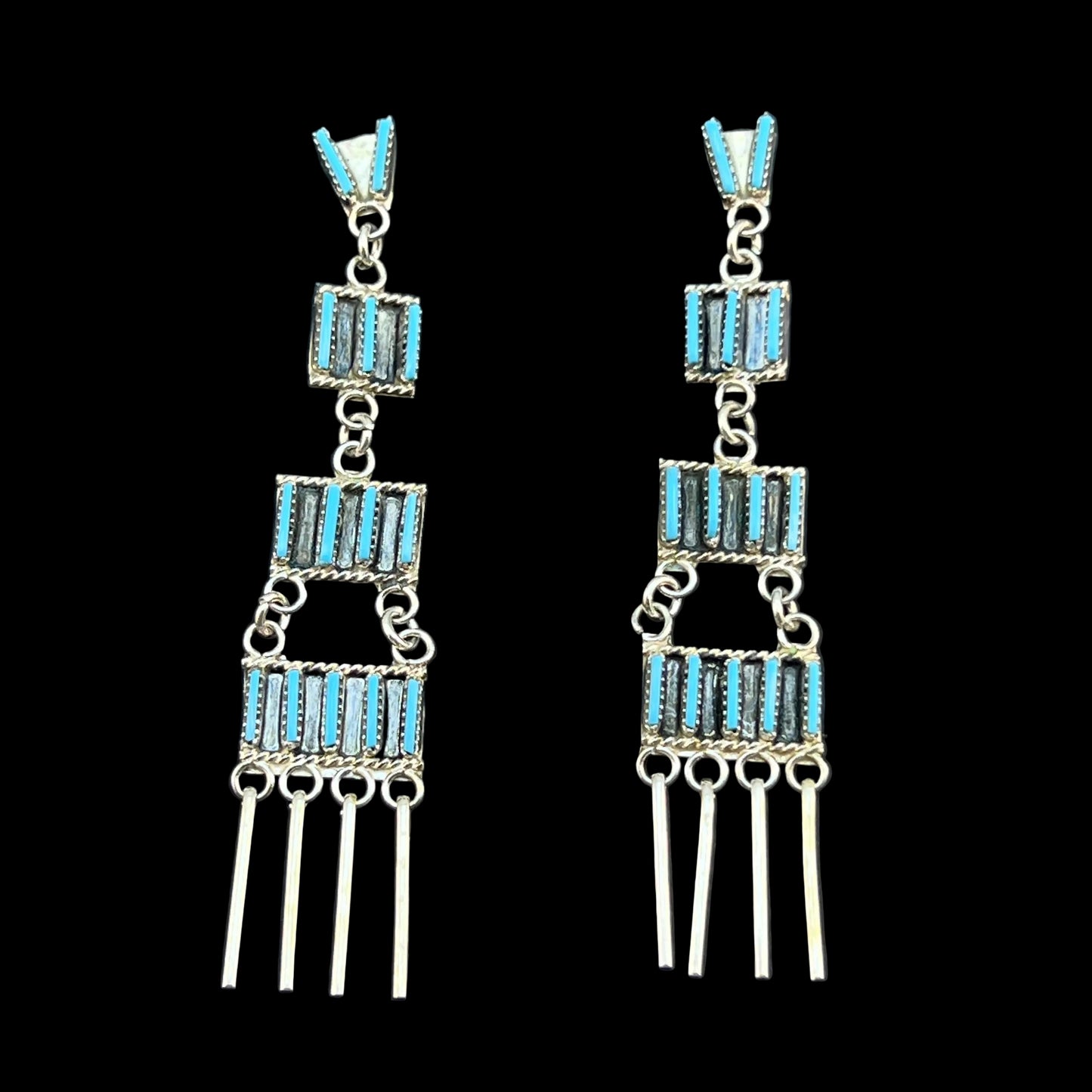 2 3/4" Zuni Turquoise Needlepoint Chandelier Dangle Earrings Ashley Laate Sterling 832