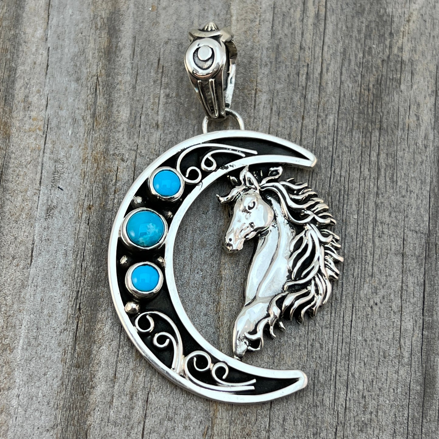 Blue turquoise horse moon pendant sterling silver Jennifer Cayaditto Navajo 819
