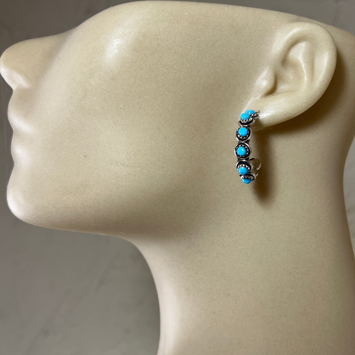 Turquoise dot snake eye 1" hoop earrings sterling silver Florenda Lonasee handmade 705