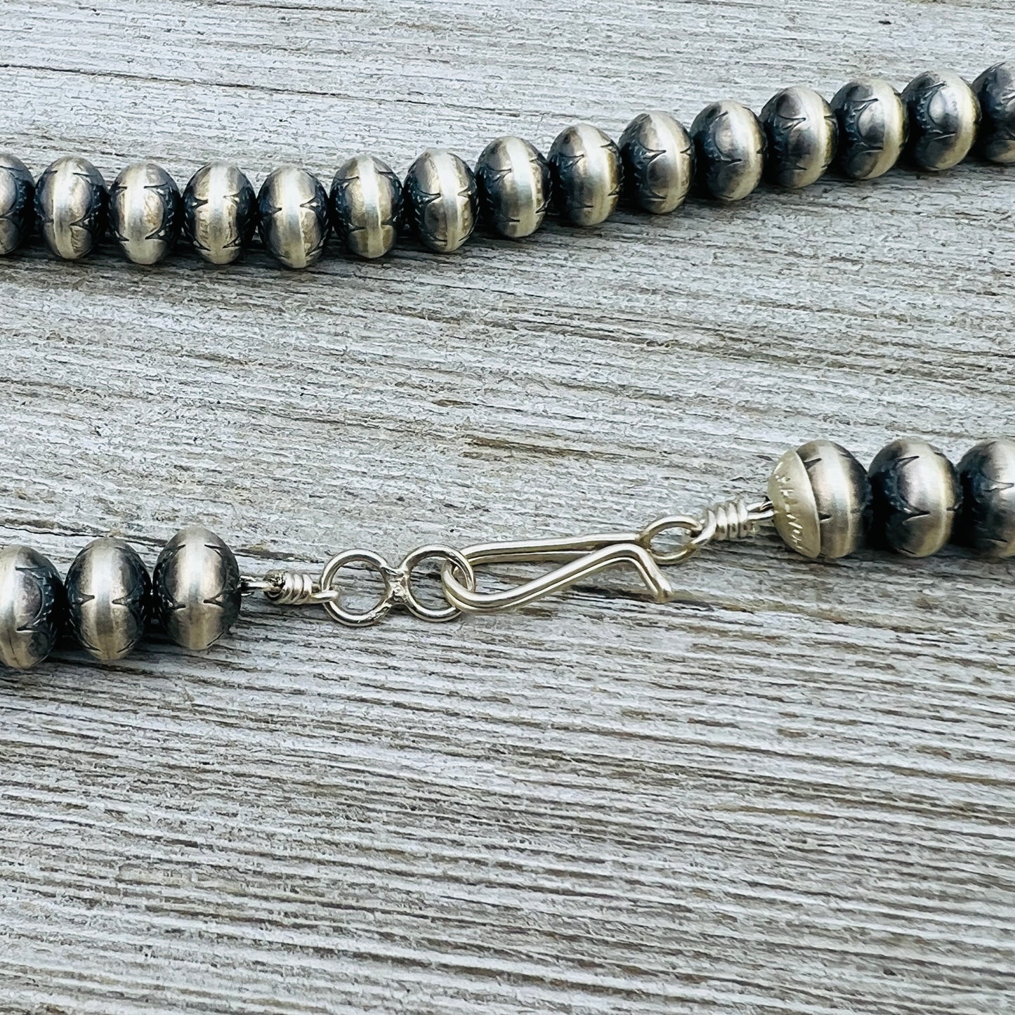 26" Sterling silver Navajo handmade stamped 9mm oval bead Pearl necklace Bryannen Halwood signed