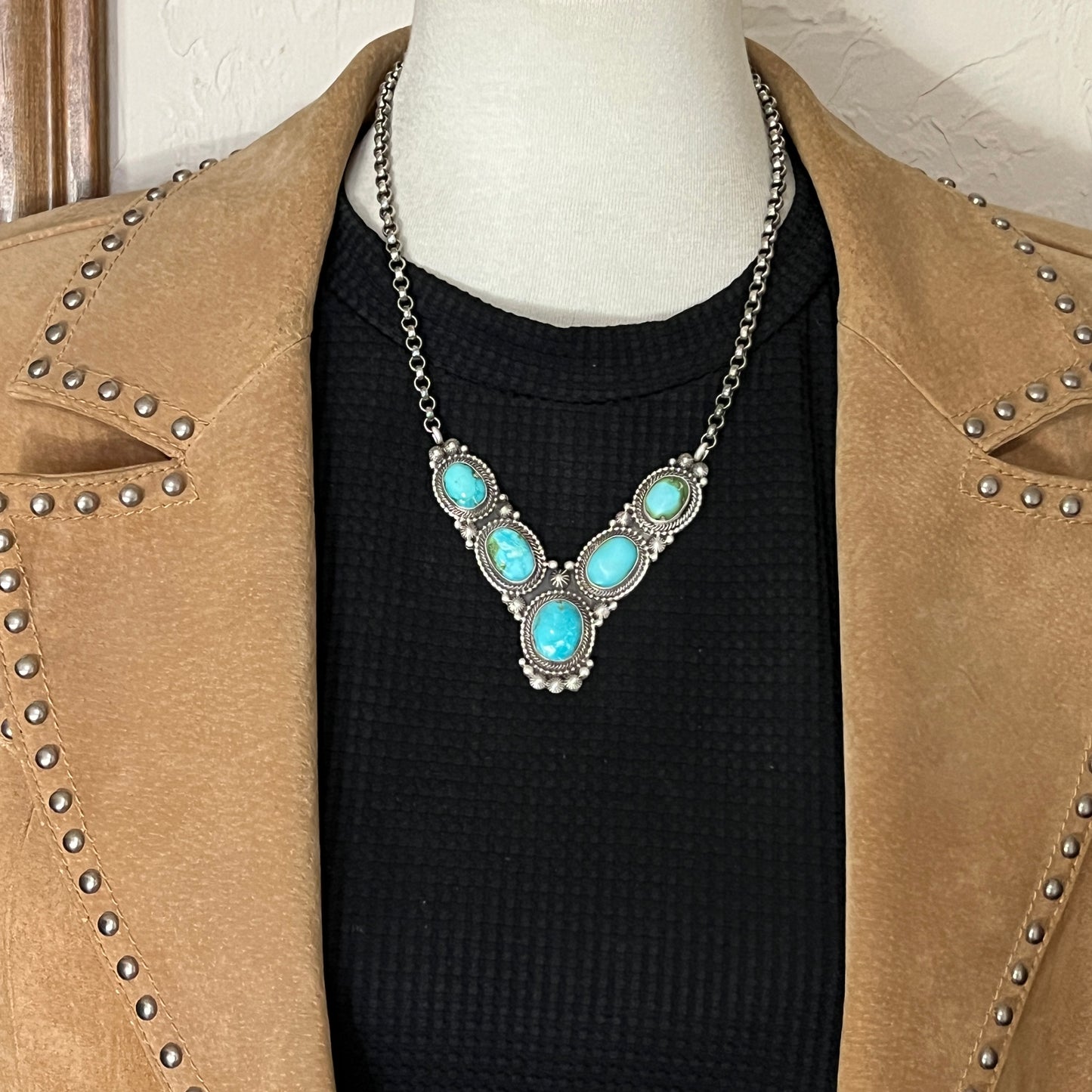 18" Blue Sonoran Turquoise Heavy Necklace Sterling Silver Tom Lewis Navajo 837
