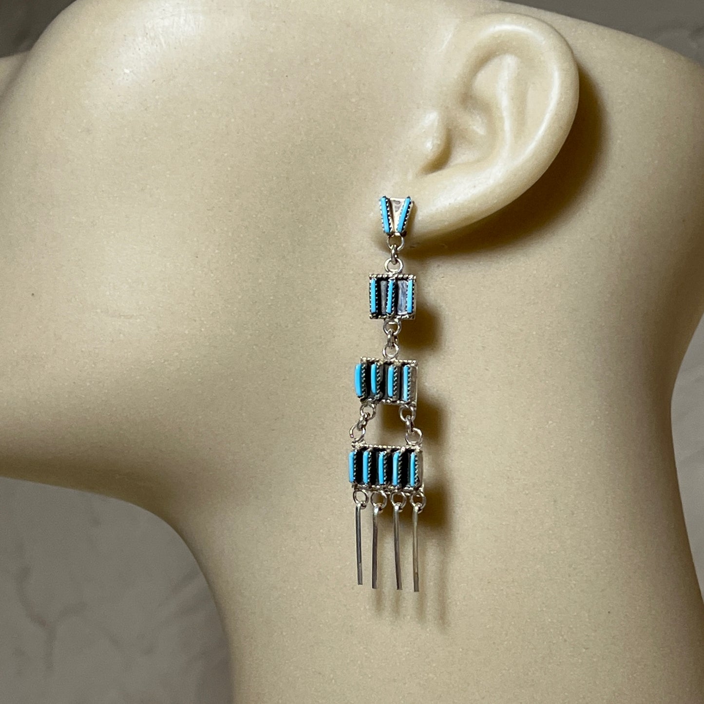 2 3/4" Zuni Turquoise Needlepoint Chandelier Dangle Earrings Ashley Laate Sterling 832