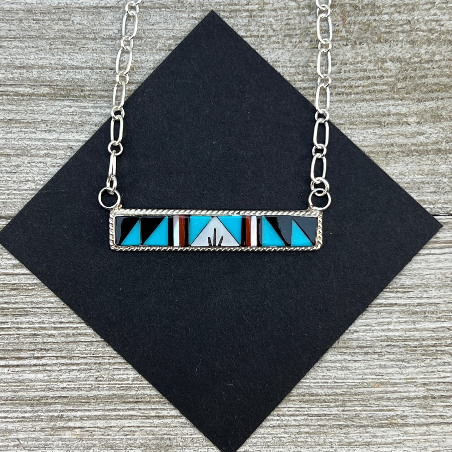 19" Zuni inlay turquoise coral Sterling silver Bar Necklace Rydell and Lynette Yuselew
