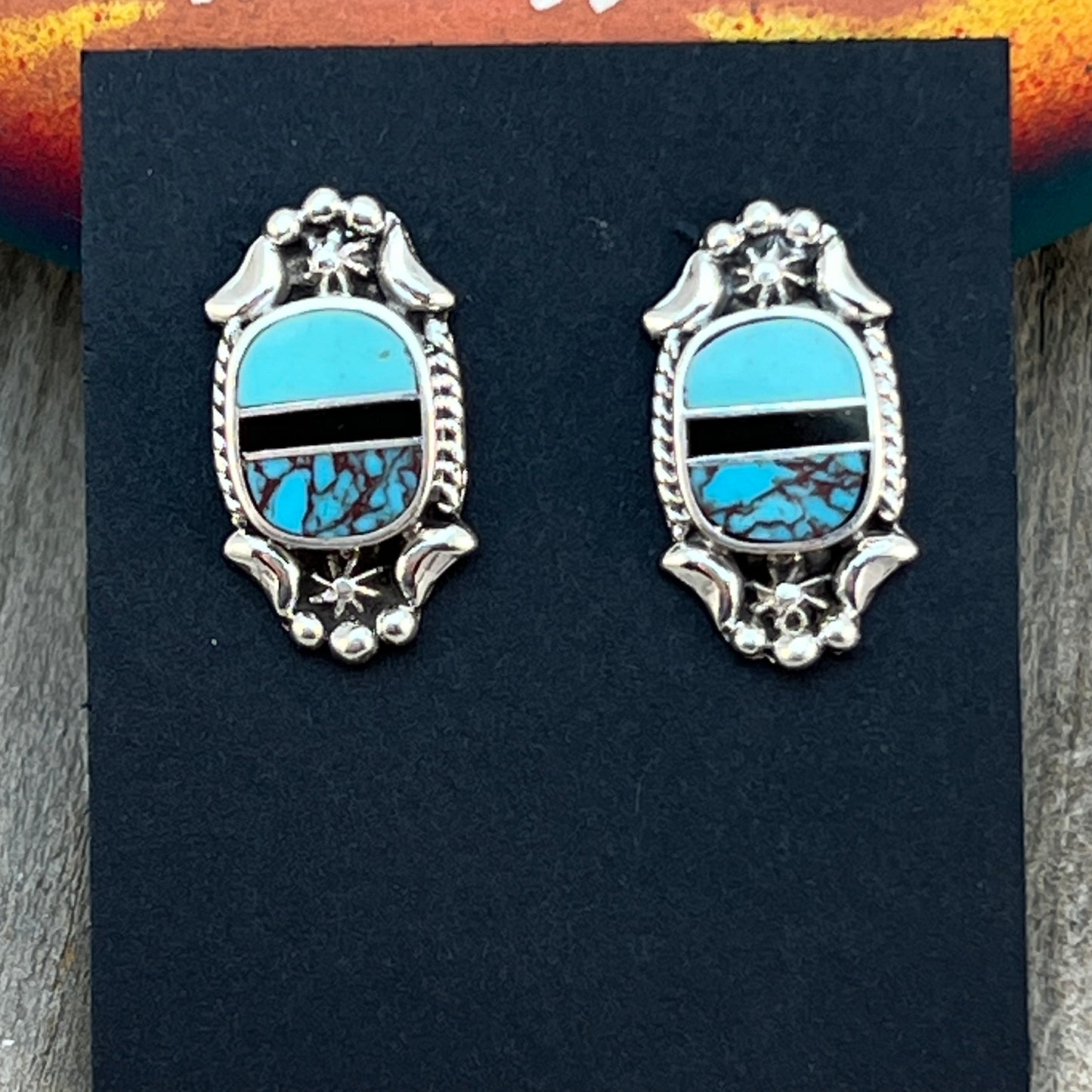 Modern Turquoise Inlay Stud Earrings Sterling Silver James Manygoats Navajo 665